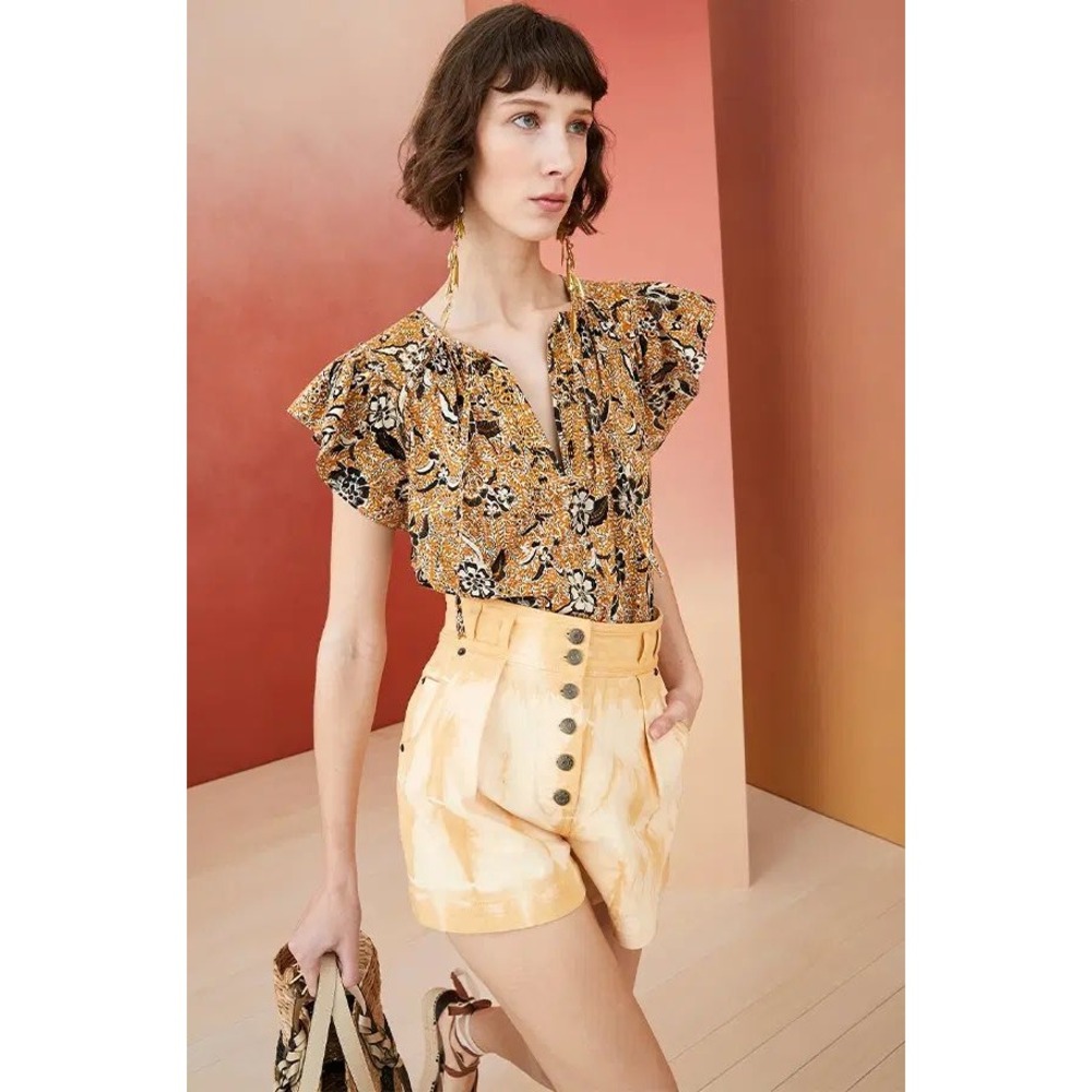Ulla Johnson Shani Amber Blouse Yellow VNeck Cotton Rayon Top Size 4 Boho Floral